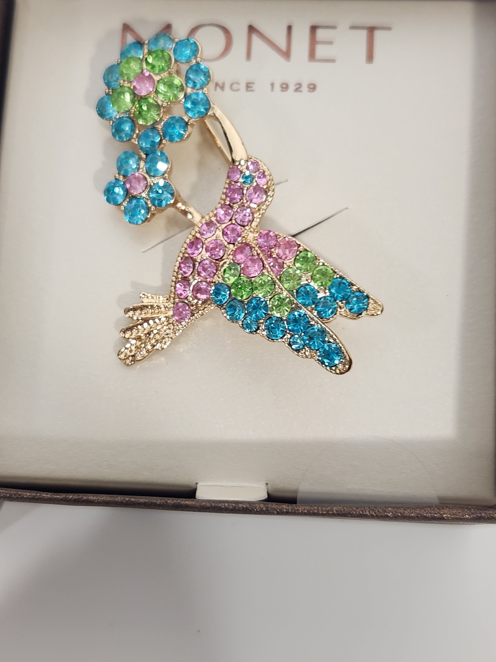 Monet Multicolor Crystal Hummingbird Brooch